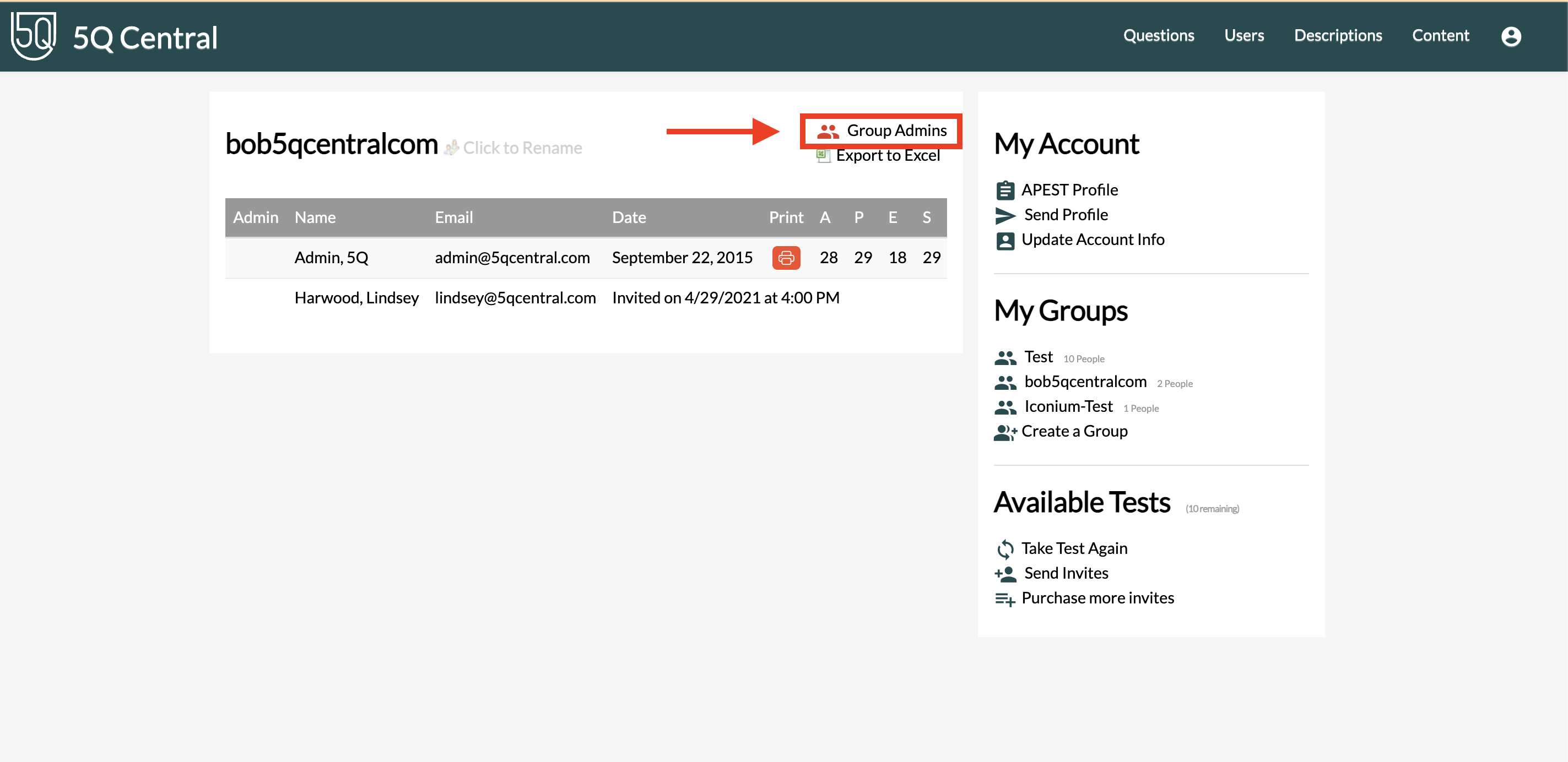 Group panel showing the Group Admins button