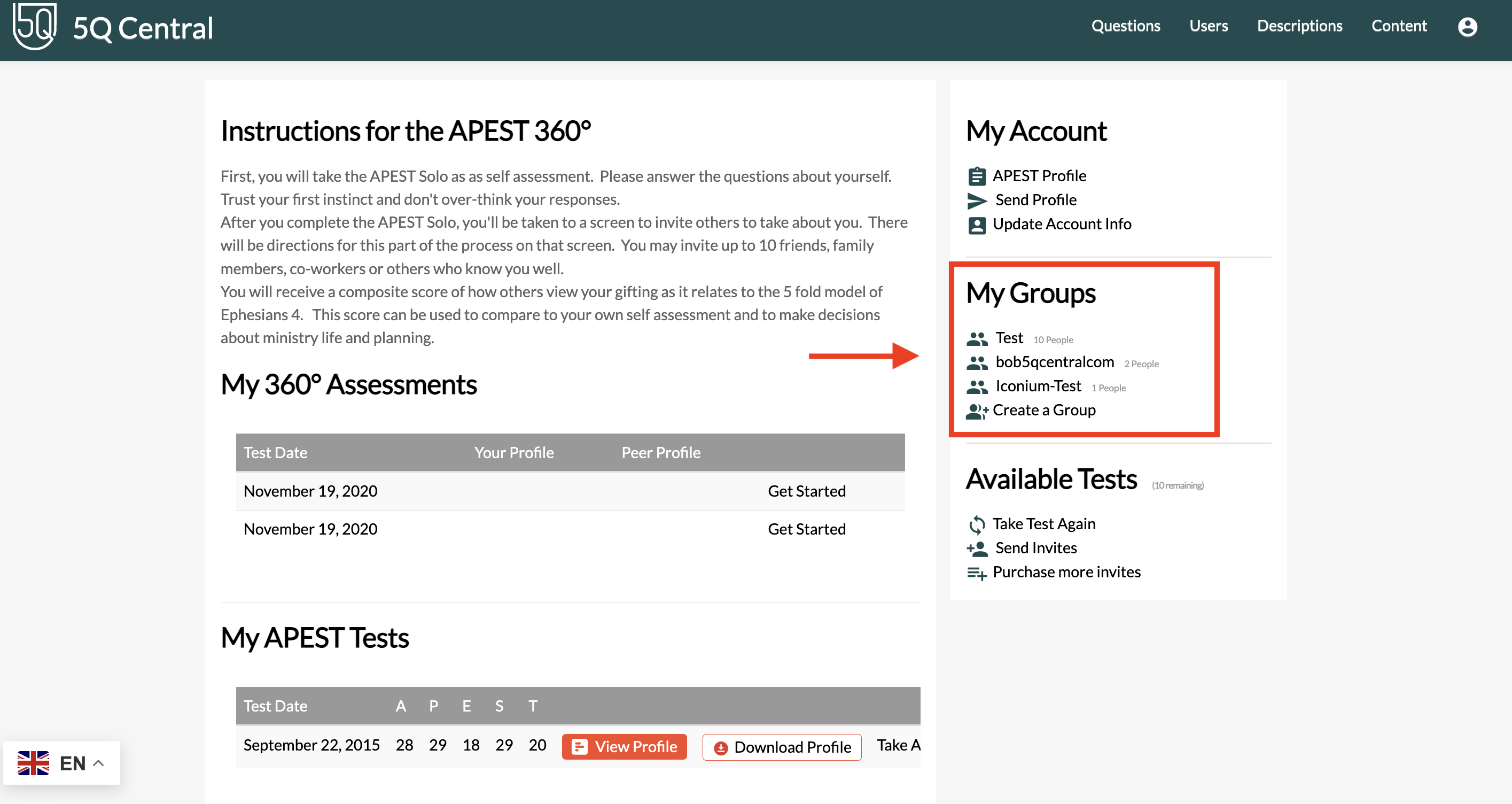 My Groups panel showing group list