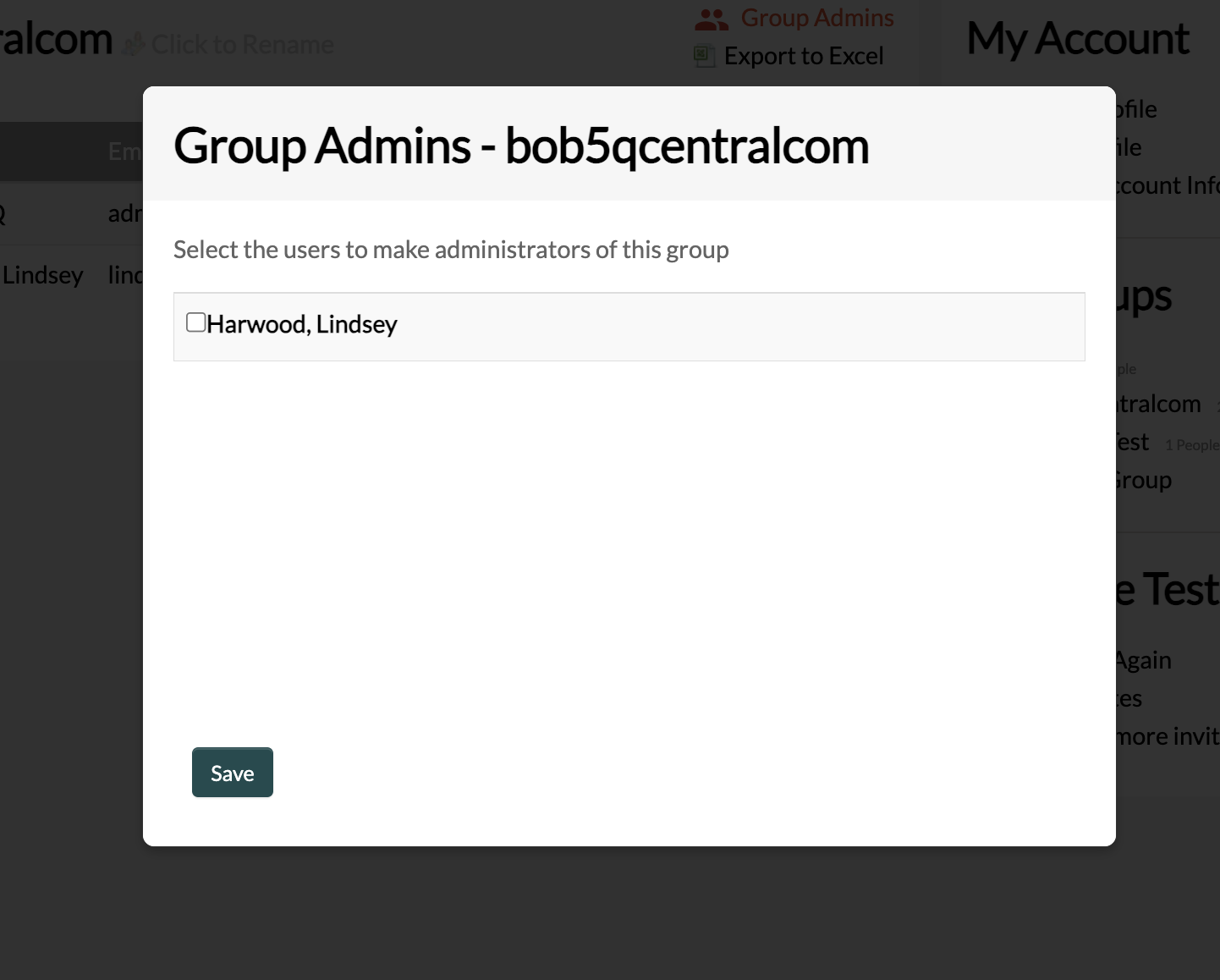 Group Admins modal — select users to make administrators