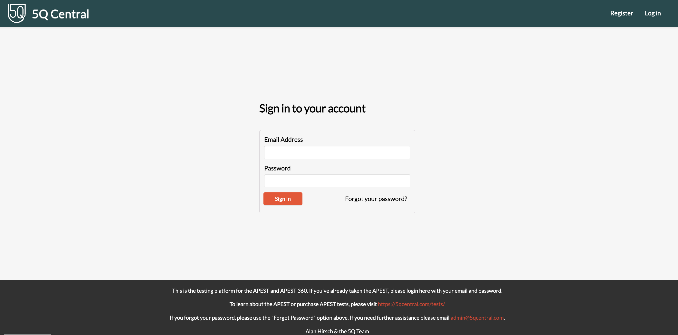 5Q Central testing platform login screen